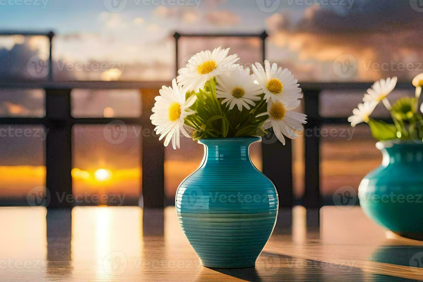 dois vasos com margaridas em uma mesa com uma pôr do sol dentro a fundo. gerado por IA foto