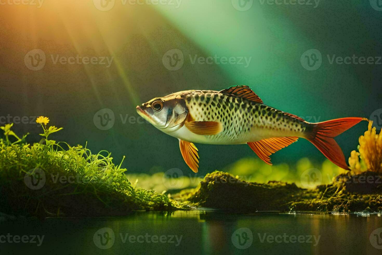 foto papel de parede a céu, peixe, água, grama, sol, luz, peixe, água,. gerado por IA