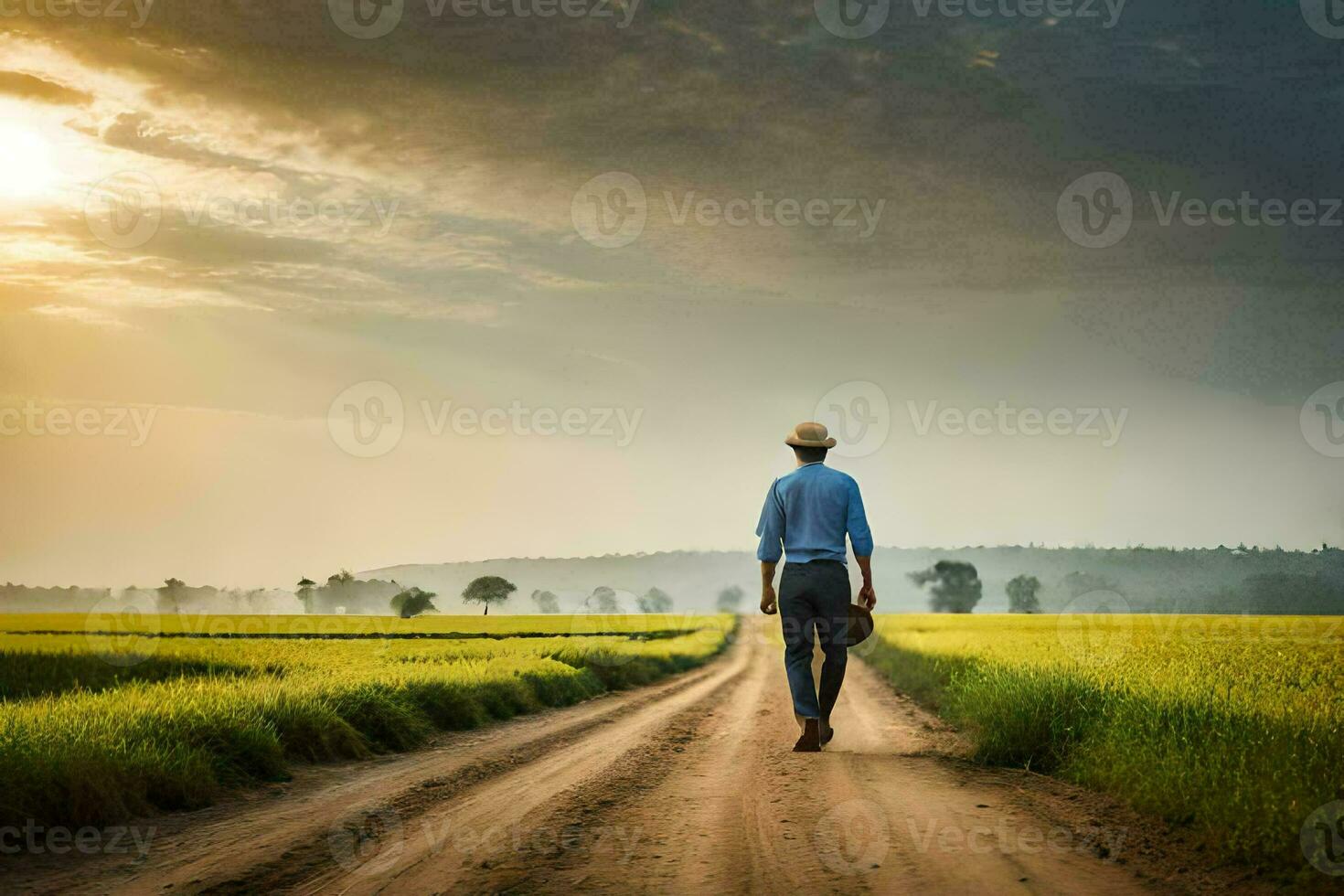 uma homem caminhando baixa uma sujeira estrada dentro uma campo. gerado por IA foto
