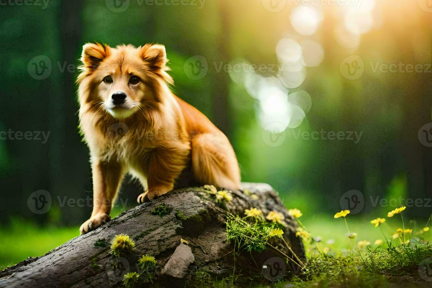 uma cachorro sentado em uma registro dentro a madeiras. gerado por IA foto