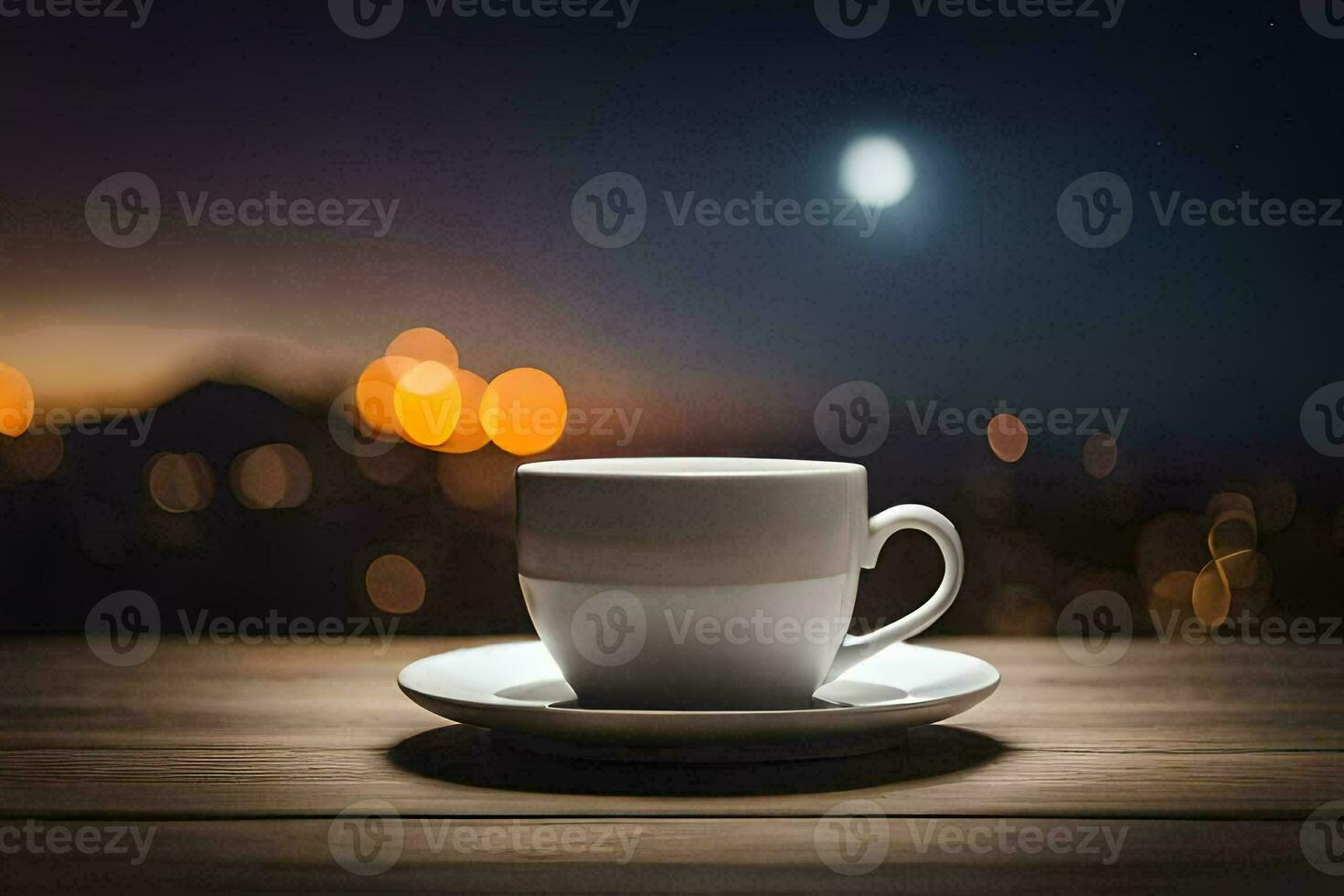 uma copo do café em uma mesa dentro frente do uma cidade às noite. gerado por IA foto