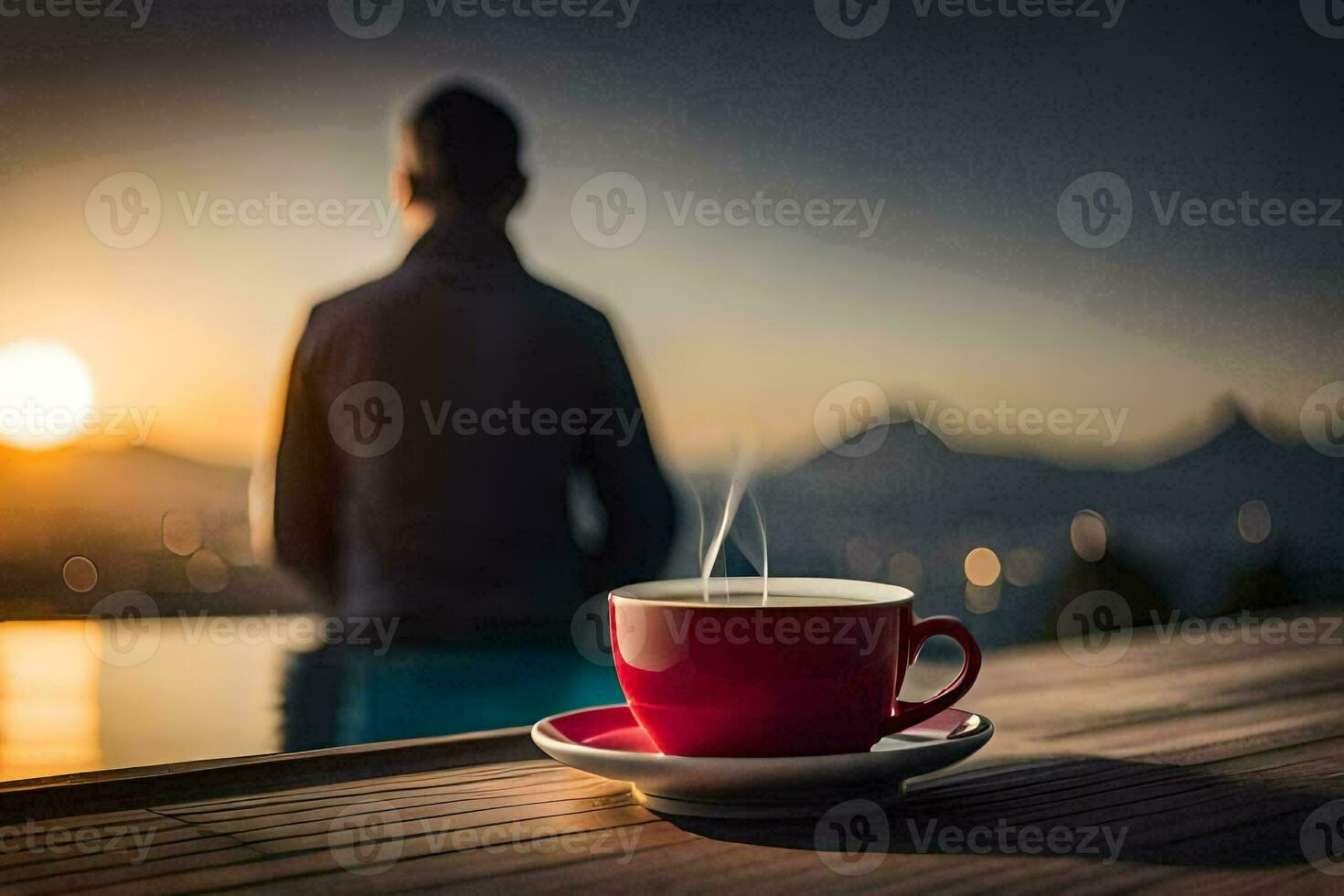 uma homem sentado em uma de madeira mesa com uma copo do café e uma Visão do a pôr do sol. gerado por IA foto