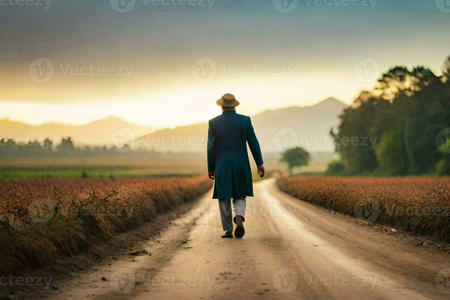 uma homem dentro uma azul terno anda em baixa uma sujeira estrada. gerado por IA foto