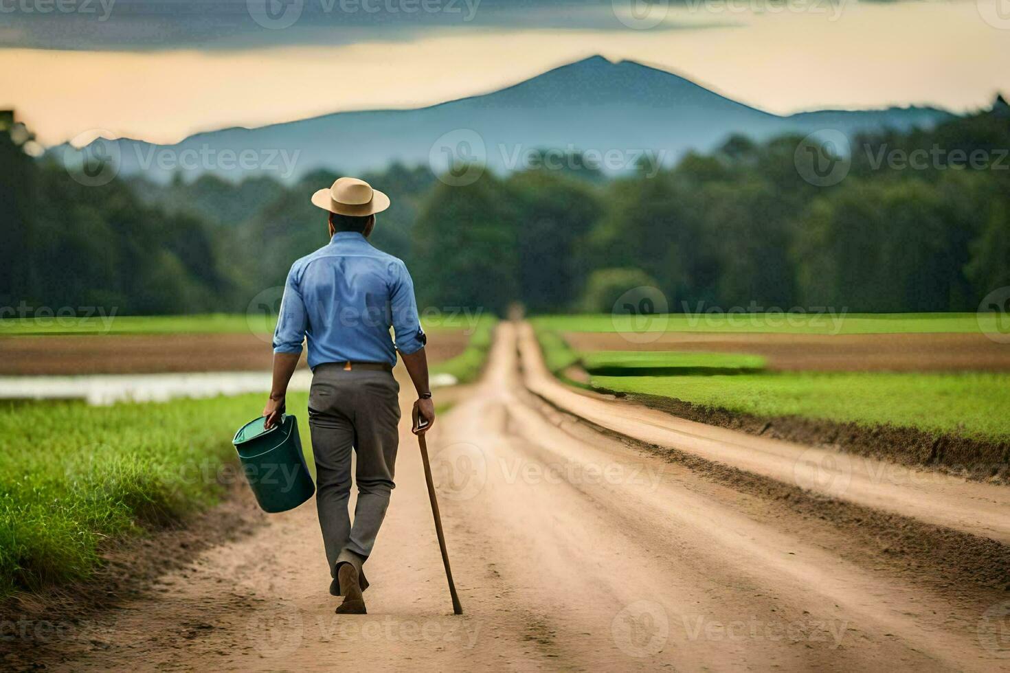 uma homem caminhando baixa uma sujeira estrada com uma balde e bengala. gerado por IA foto