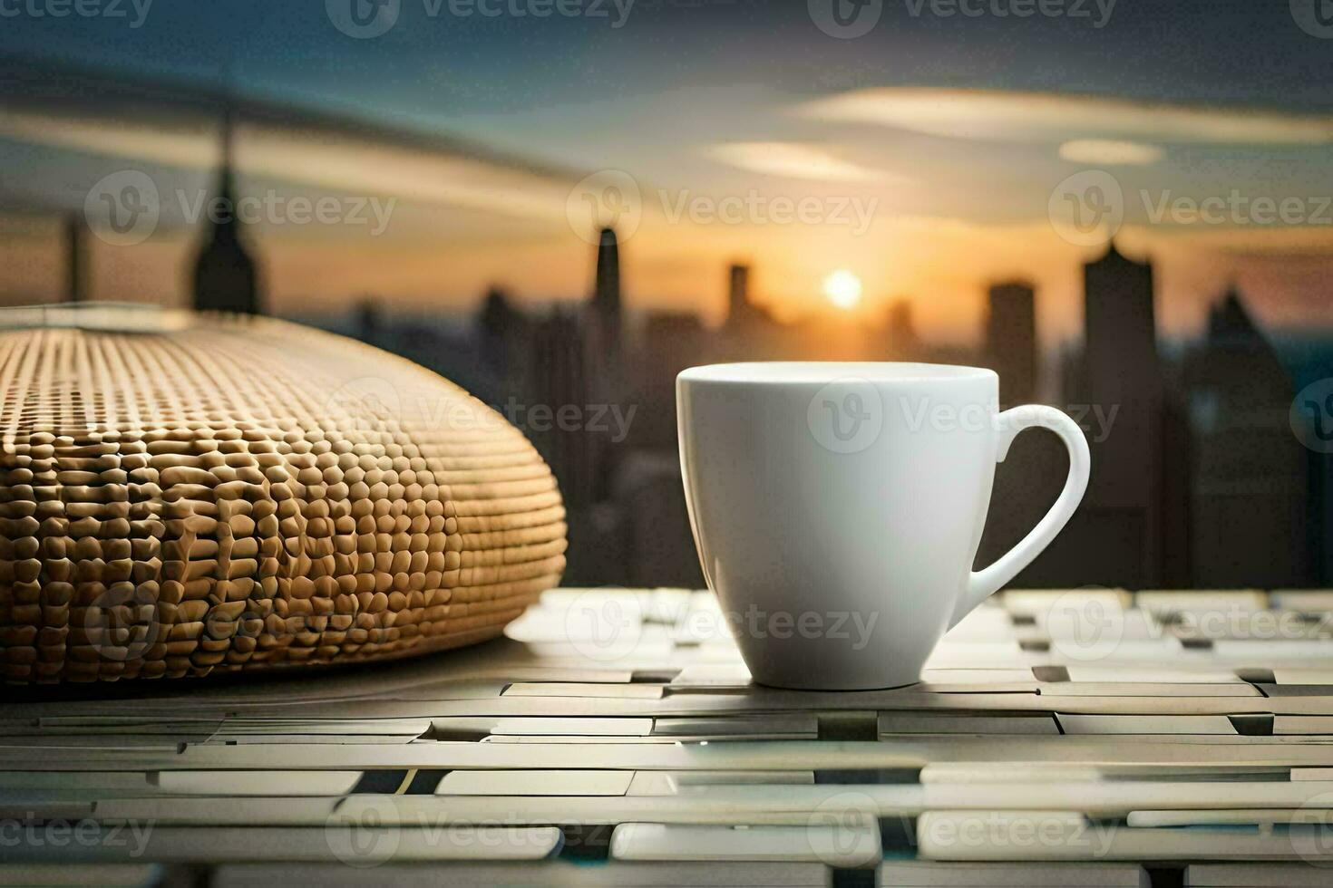 café copo em a terraço, cidade, nascer do sol, nascer do sol, a cidade, HD. gerado por IA foto