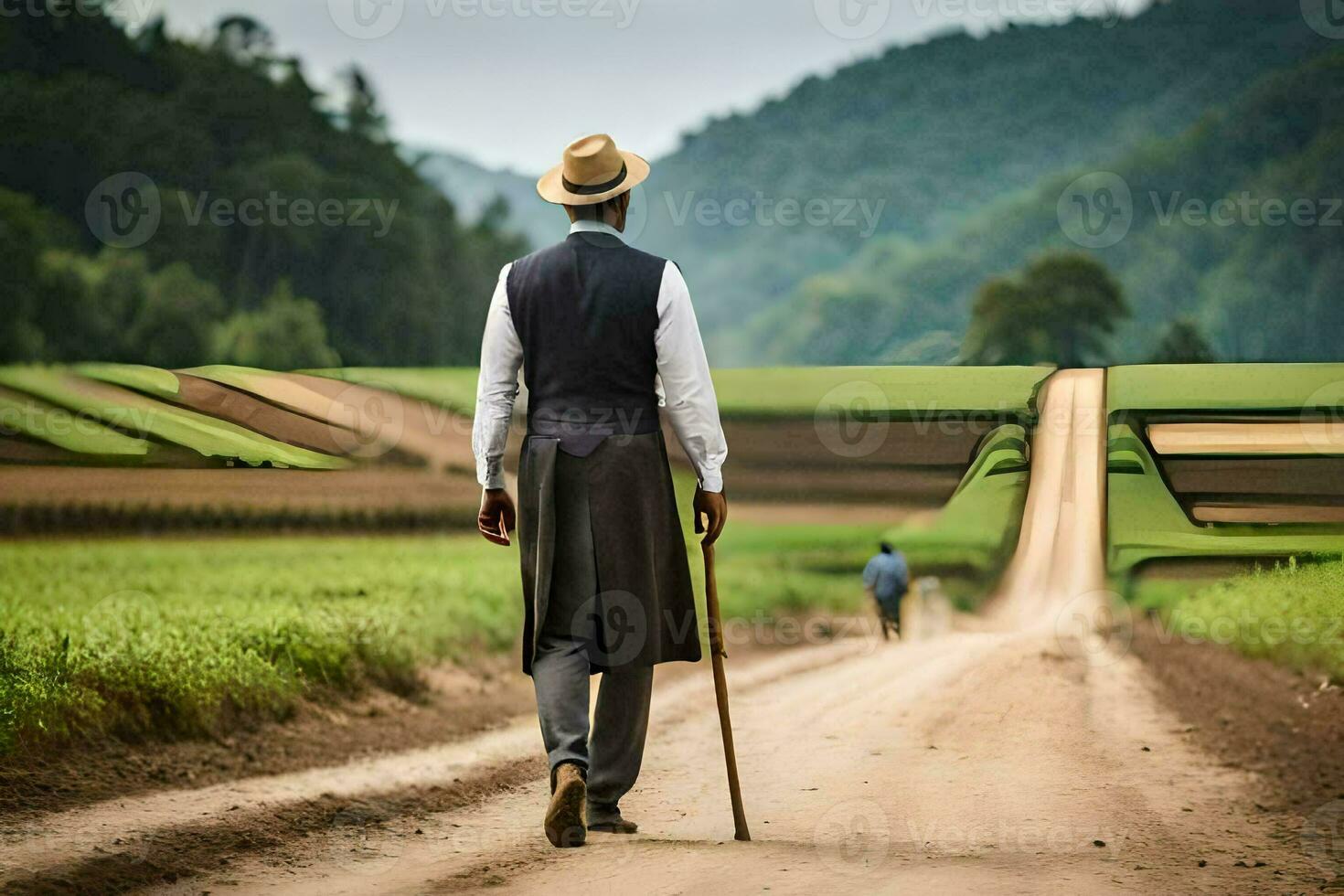 uma homem caminhando baixa uma sujeira estrada com uma bengala. gerado por IA foto