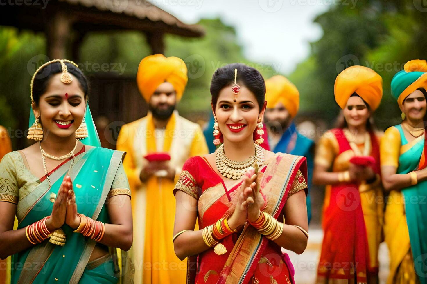 indiano mulheres dentro colorida saris. gerado por IA foto