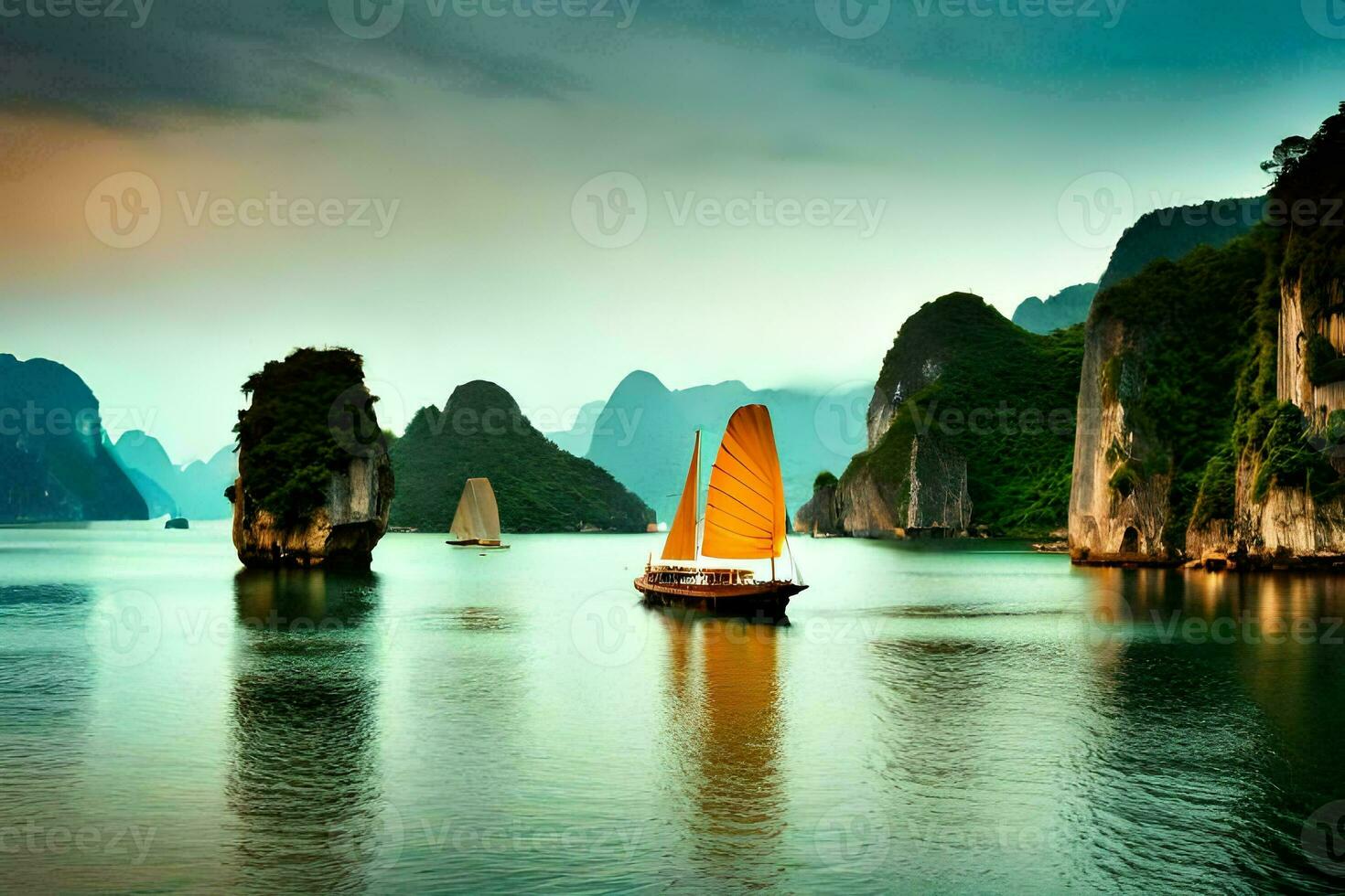 uma barco dentro a água com montanhas dentro a fundo. gerado por IA foto