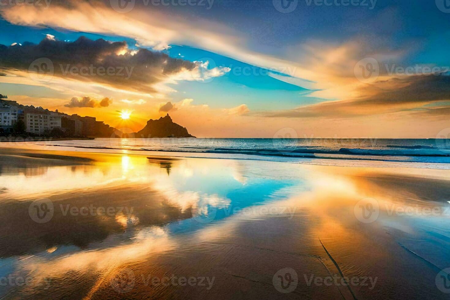 uma lindo pôr do sol em uma de praia com nuvens refletido dentro a água. gerado por IA foto
