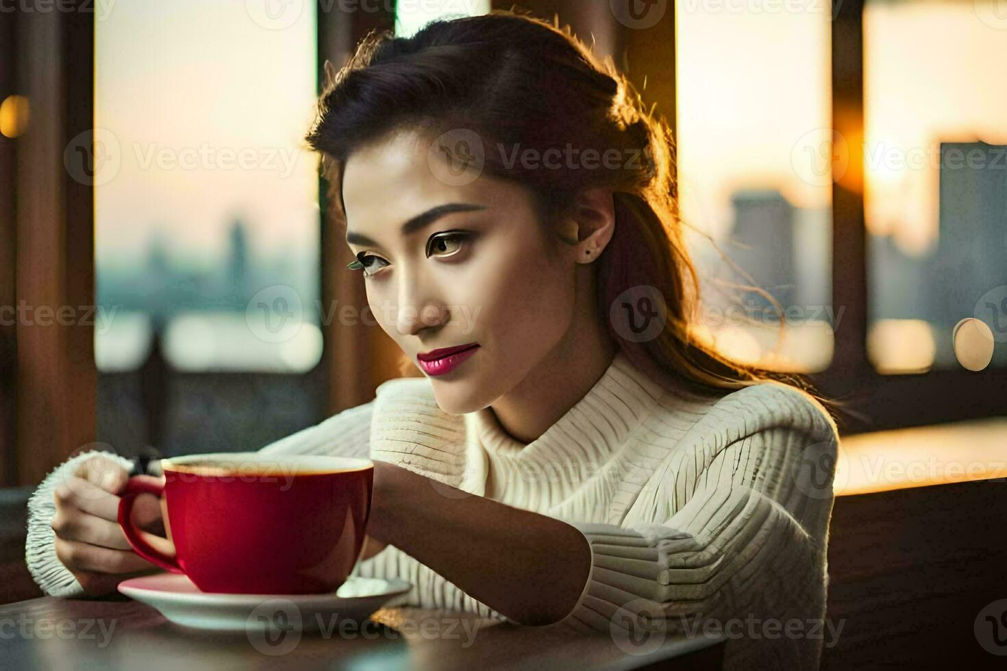 uma mulher é sentado às uma mesa com uma copo do café. gerado por IA foto