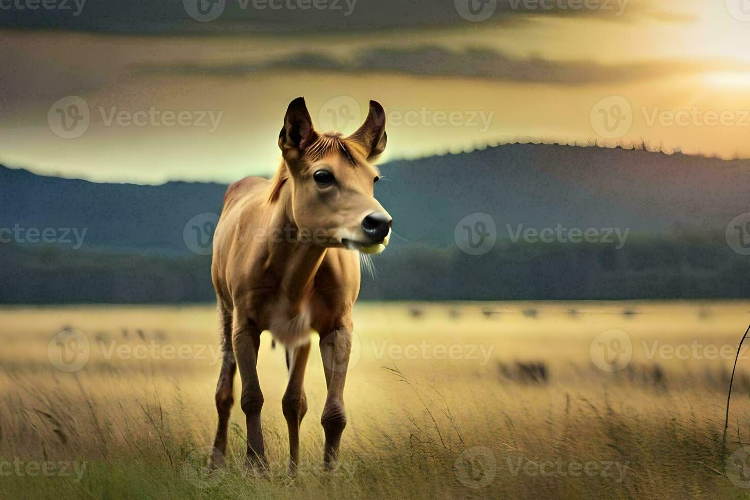 uma Castanho vaca em pé dentro uma campo às pôr do sol. gerado por IA foto