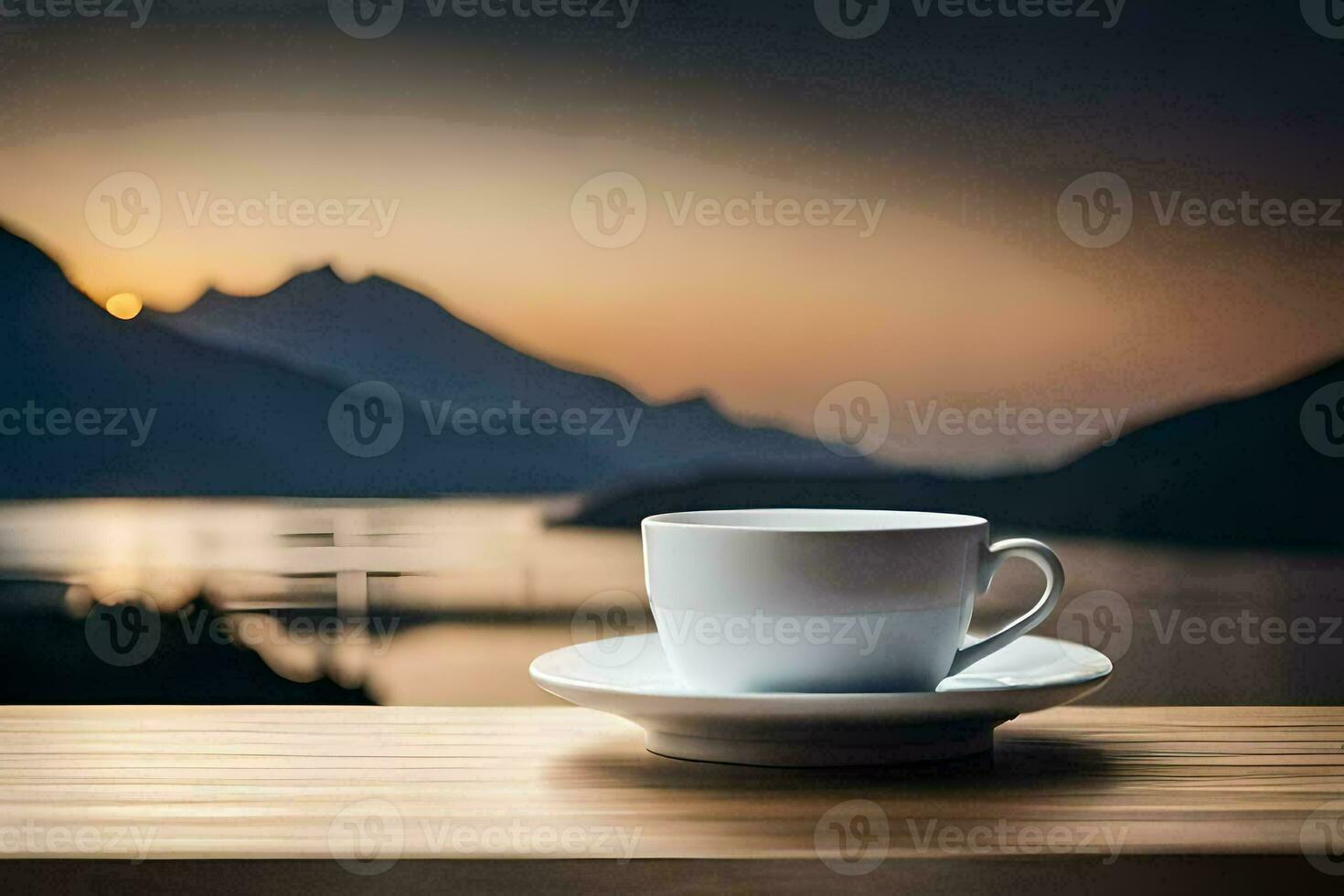 café copo em a mesa com montanhas dentro a fundo. gerado por IA foto