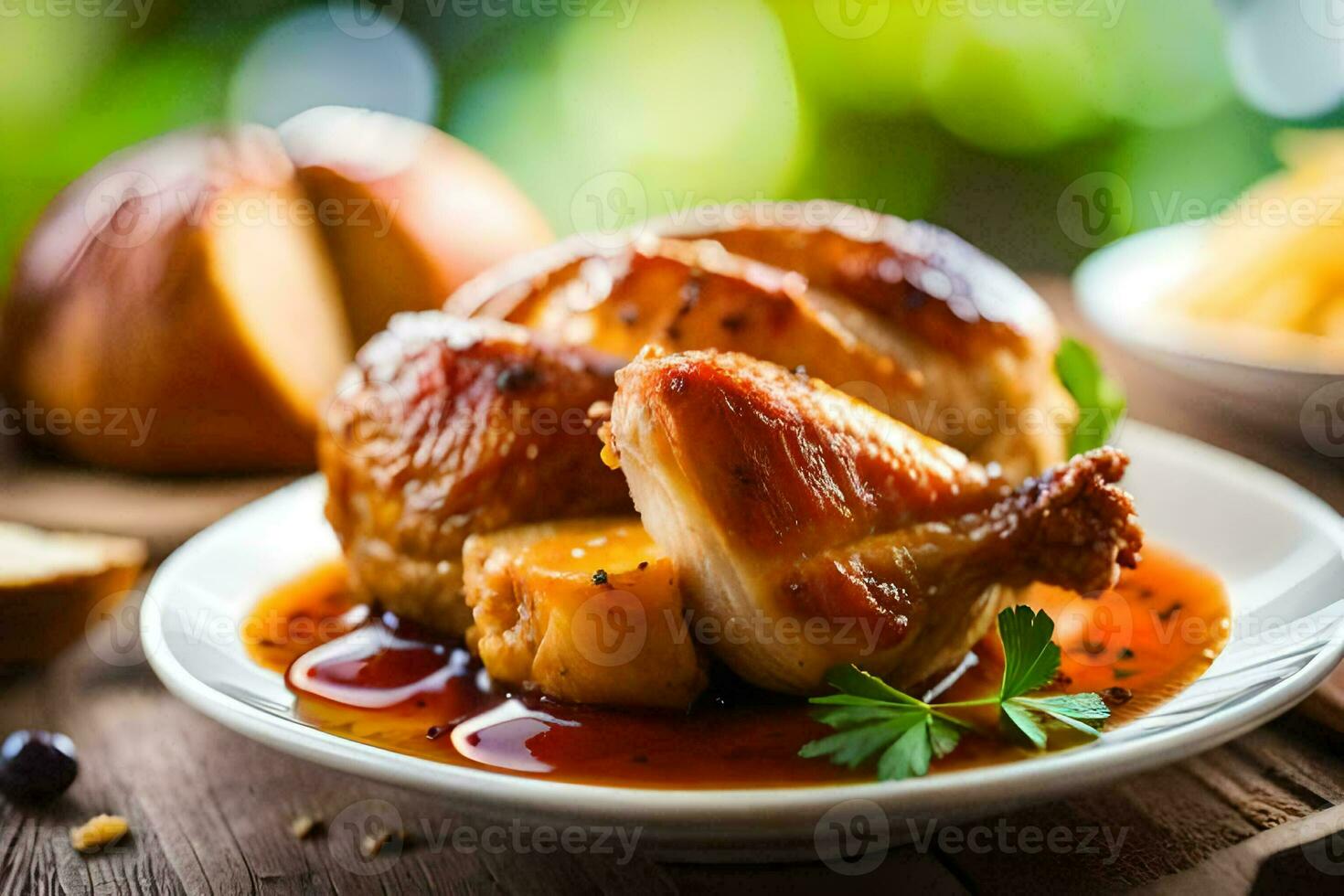 uma prato do frango com molho e pão. gerado por IA foto