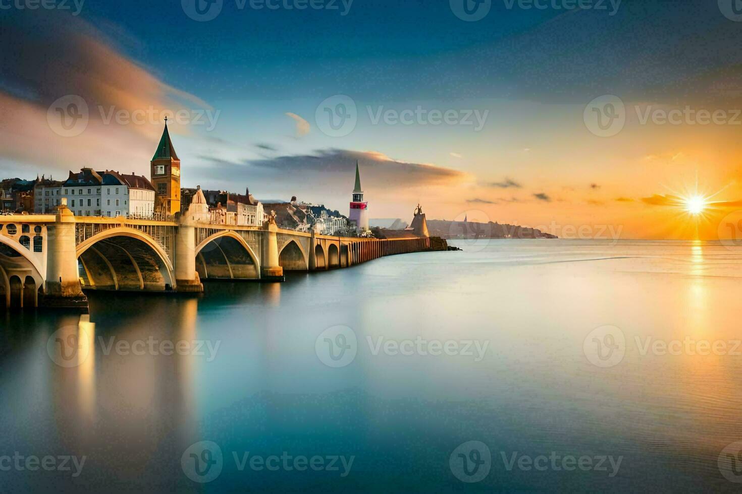 a Sol conjuntos sobre uma ponte dentro Zurique, Suíça. gerado por IA foto