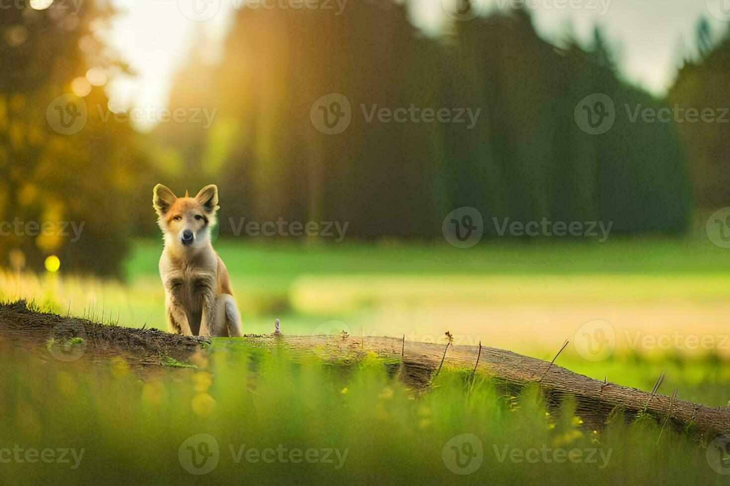 uma cachorro sentado em uma registro dentro a meio do uma campo. gerado por IA foto