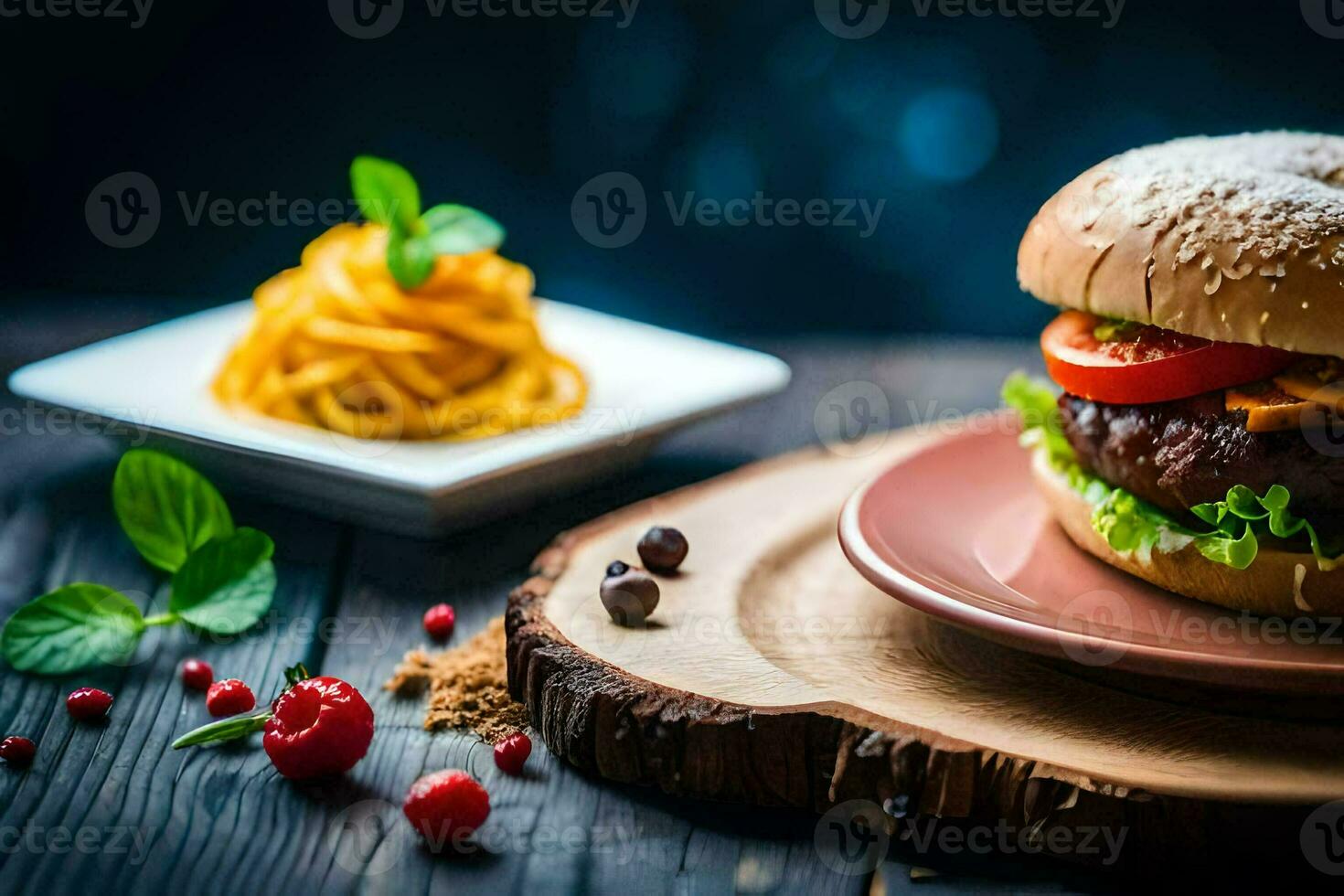 uma Hamburger com tomates e queijo em uma de madeira mesa. gerado por IA foto