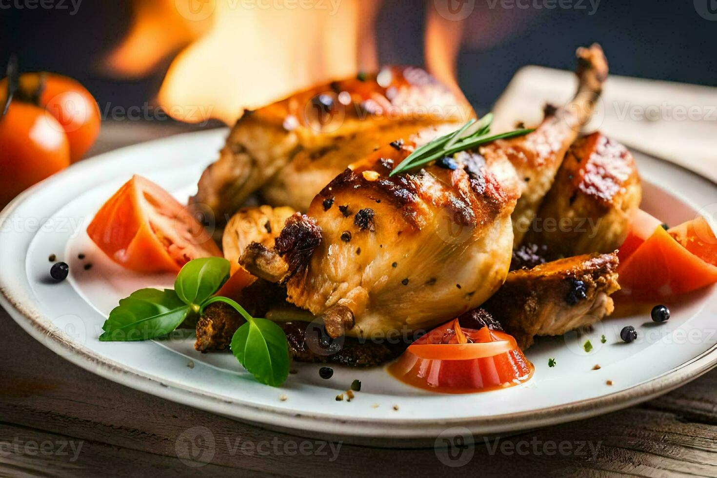 grelhado frango em uma prato com tomates e ervas. gerado por IA foto
