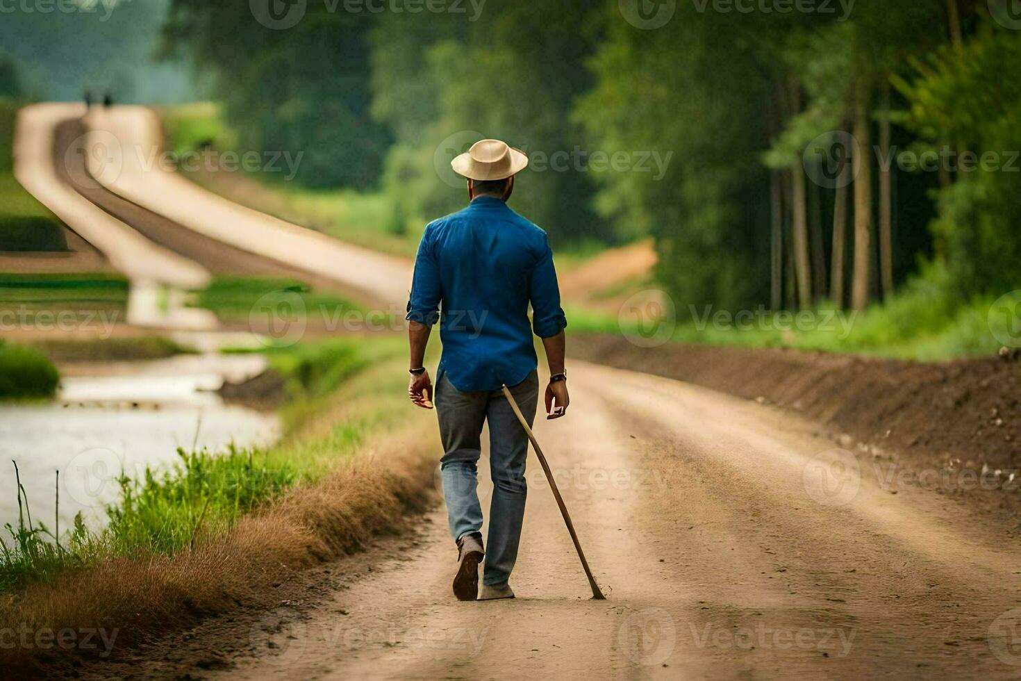 uma homem caminhando baixa uma sujeira estrada com uma bengala. gerado por IA foto