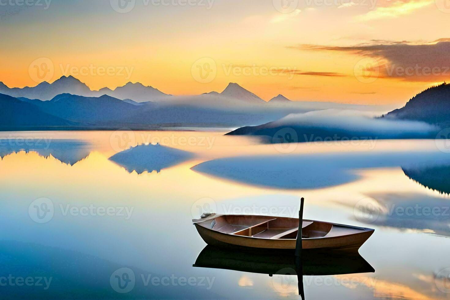 uma barco senta em a água às pôr do sol com montanhas dentro a fundo. gerado por IA foto