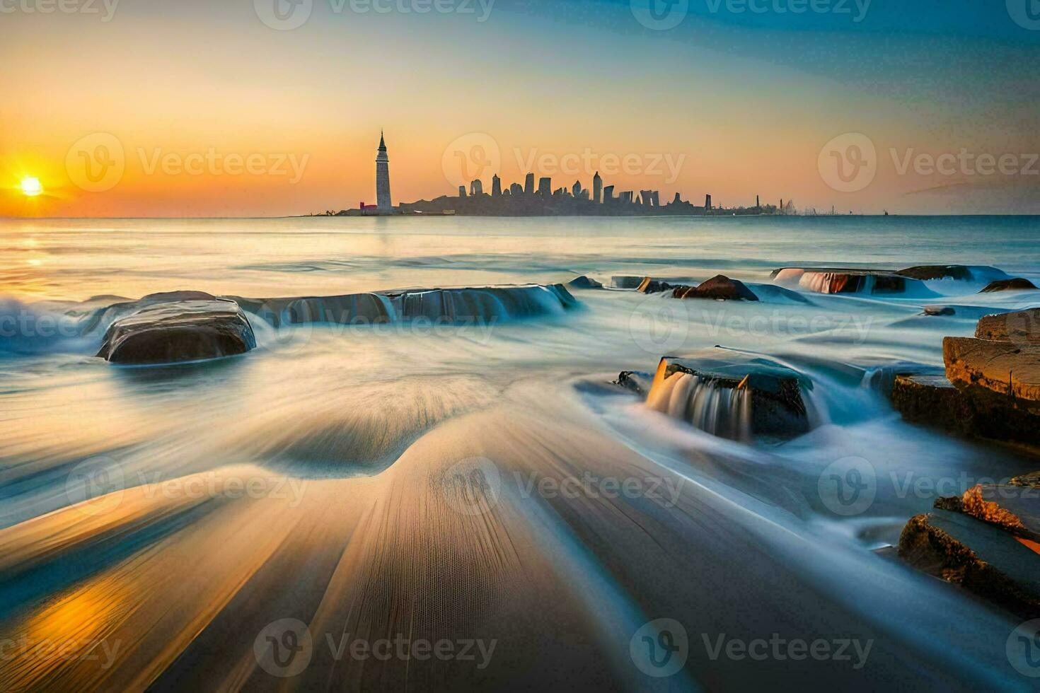 a cidade Horizonte é visto dentro a fundo Como ondas batida para dentro pedras. gerado por IA foto