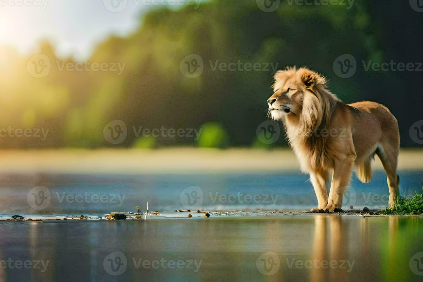 uma leão em pé em a costa do uma lago. gerado por IA foto