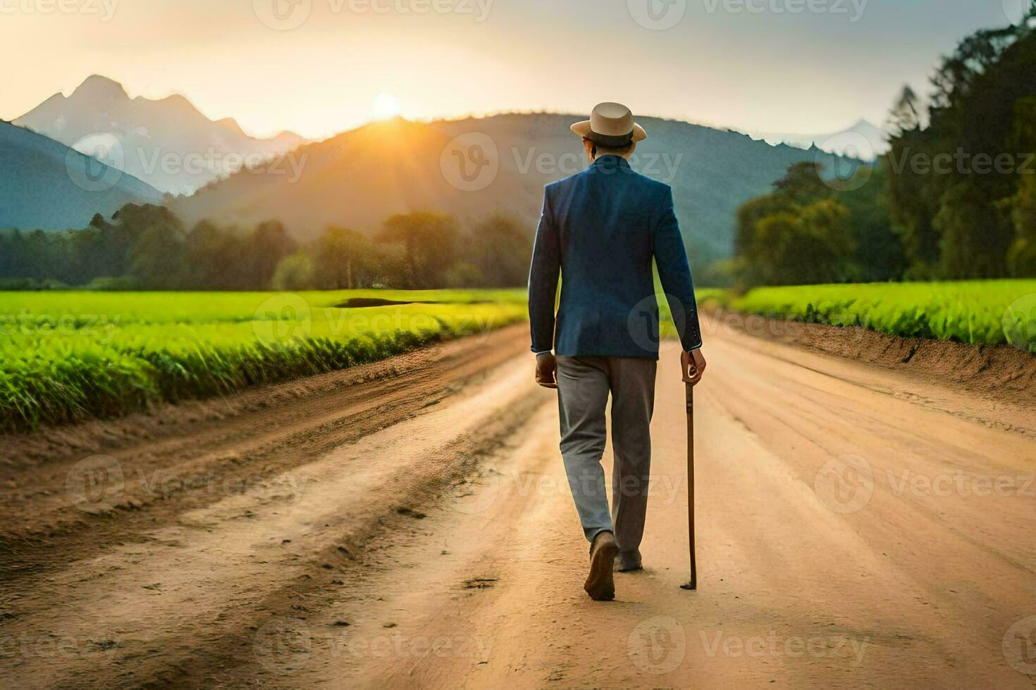 uma homem caminhando baixa uma sujeira estrada com uma bengala. gerado por IA foto