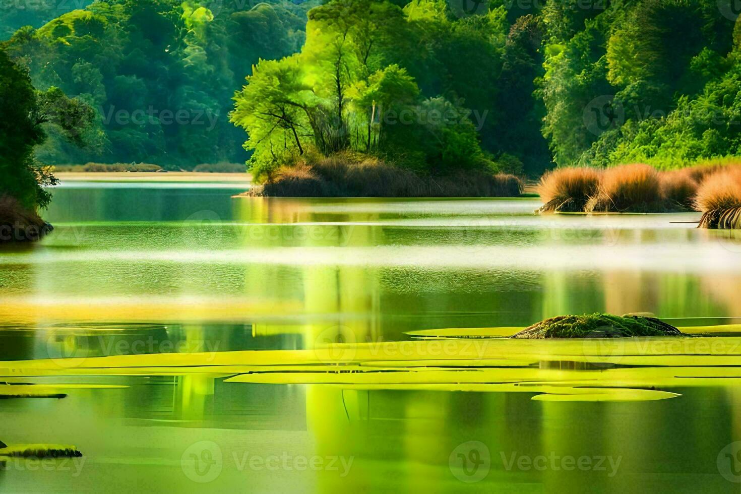 foto papel de parede a céu, árvores, água, verde, a floresta, a lago, a rio. gerado por IA