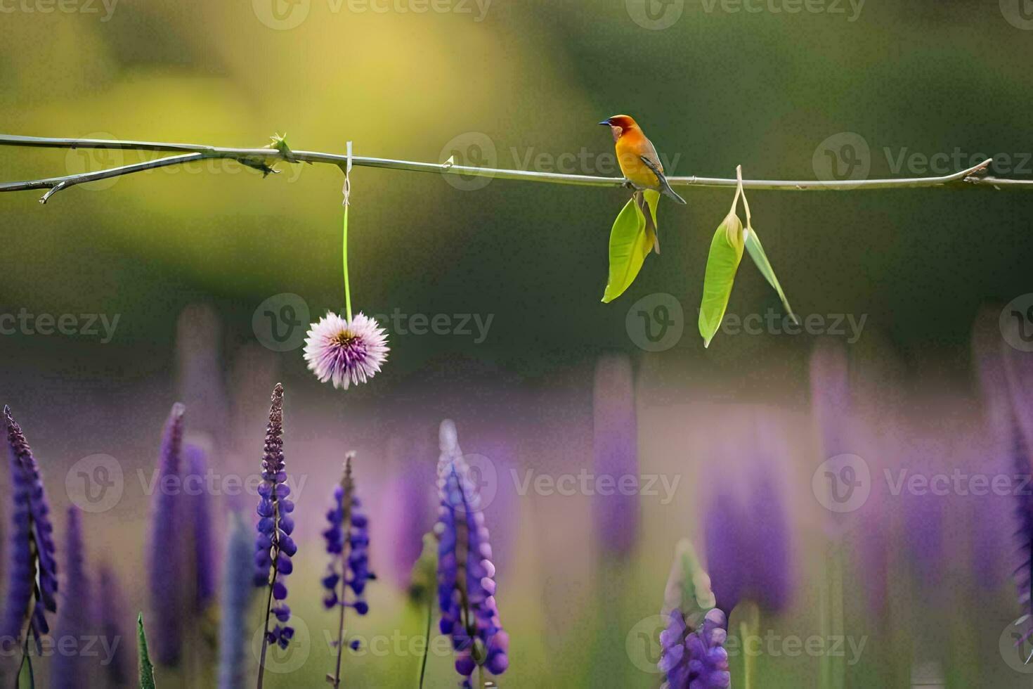 uma pássaro senta em uma ramo dentro frente do roxa flores gerado por IA foto