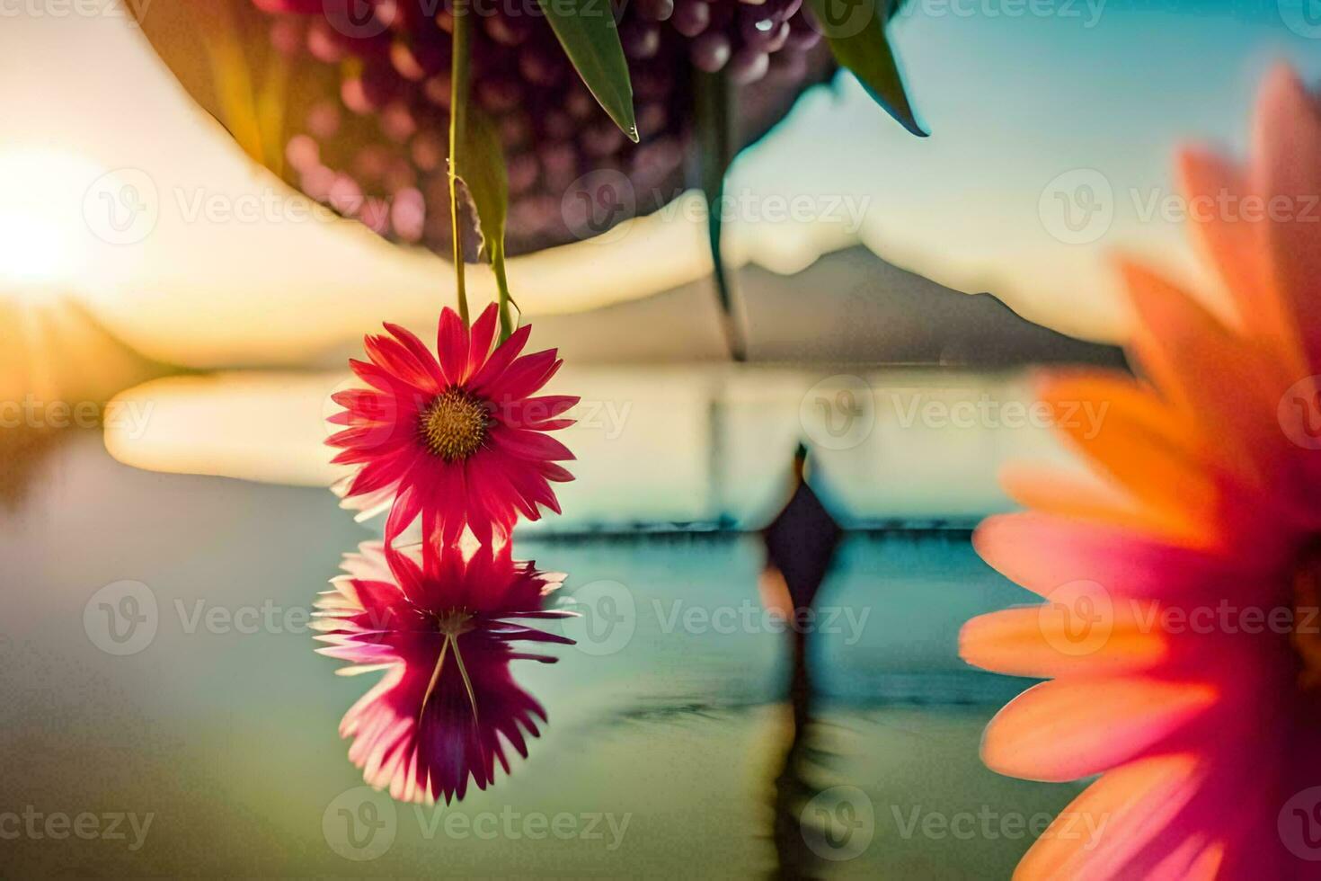 uma flor suspensão a partir de uma árvore com uma pôr do sol dentro a fundo. gerado por IA foto