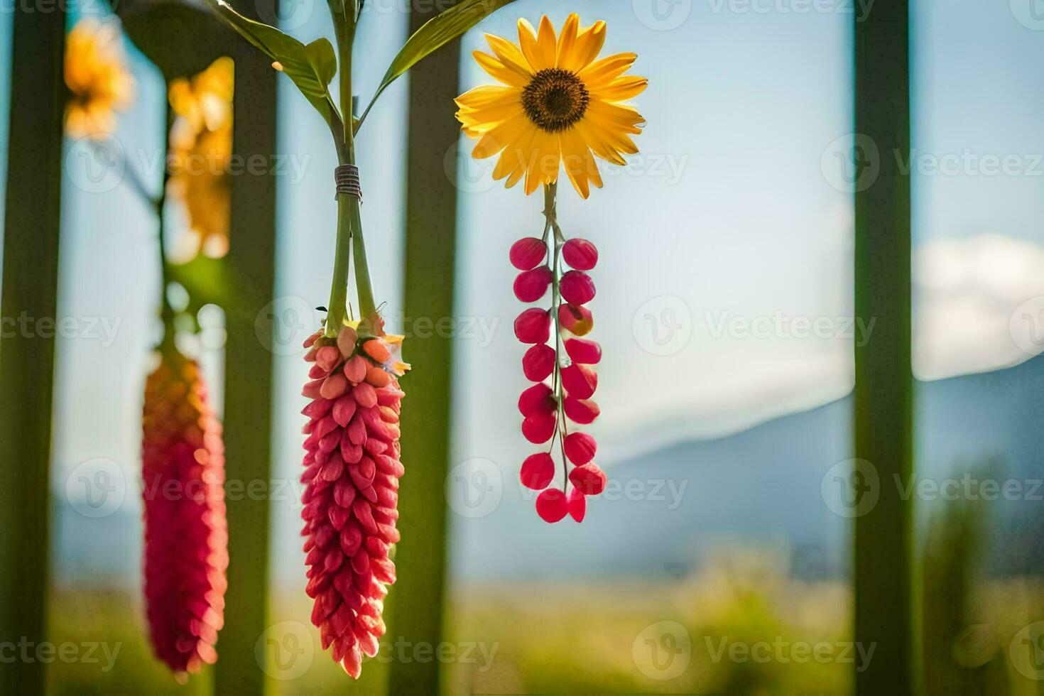 uma suspensão flor com uma girassol e vermelho bagas. gerado por IA foto