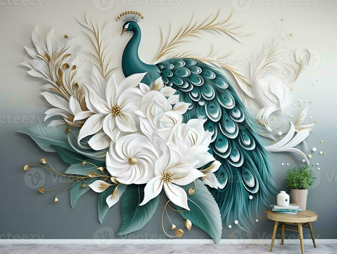 3d moderno interior parede arte decoração com branco, Sombrio verde, e dourado tropical Palma folha galhos e flores com penas pavão pássaro ilustração fundo generativo ai foto