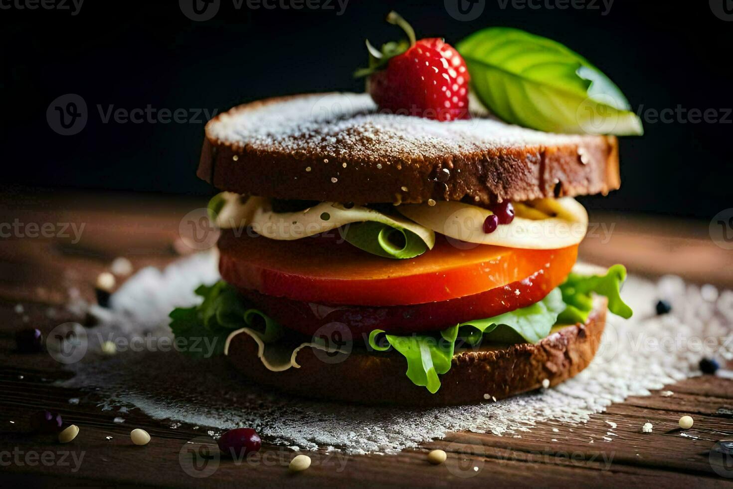 uma sanduíche com tomates e queijo em uma de madeira mesa. gerado por IA foto