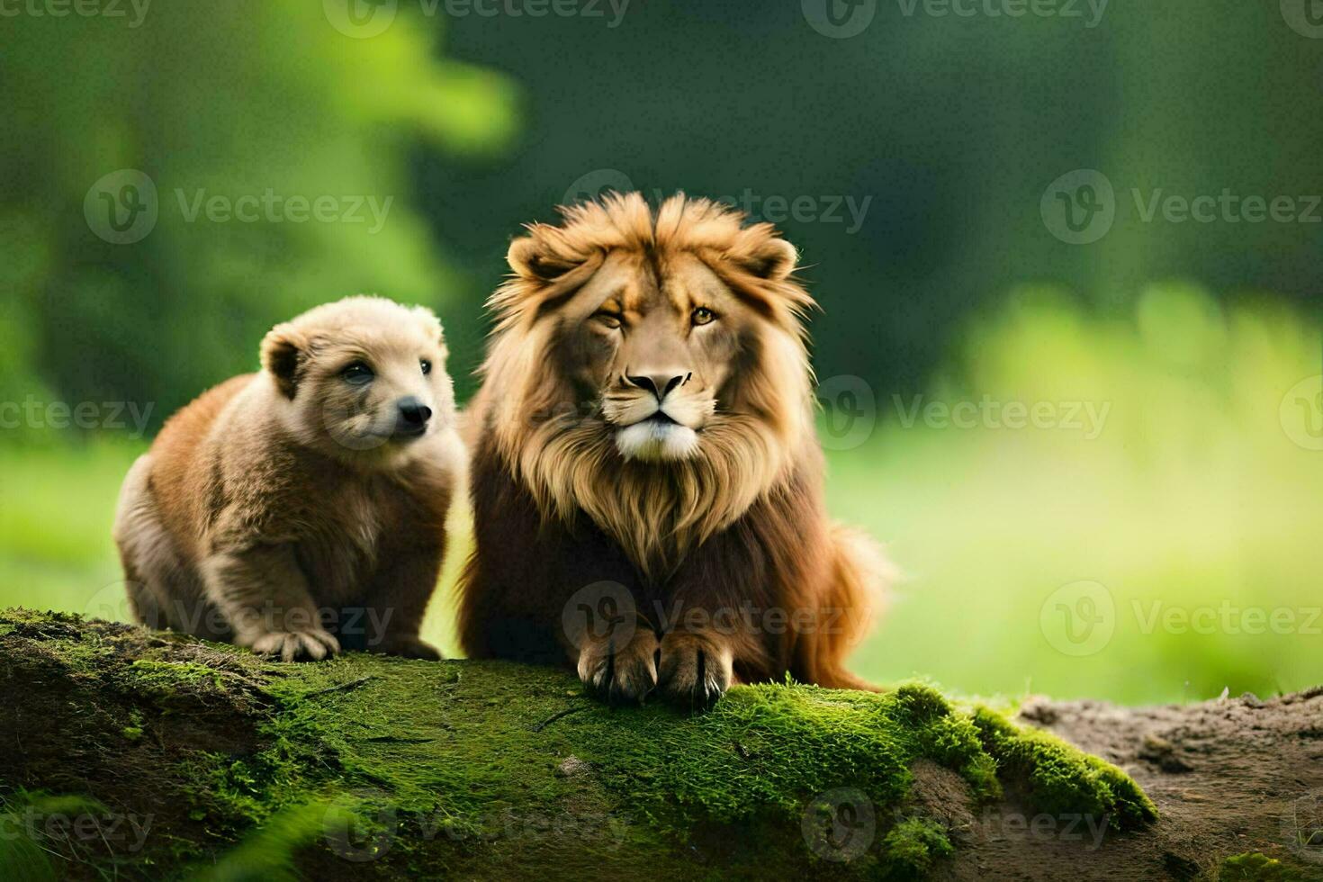 dois leões sentado em uma registro dentro a floresta. gerado por IA foto