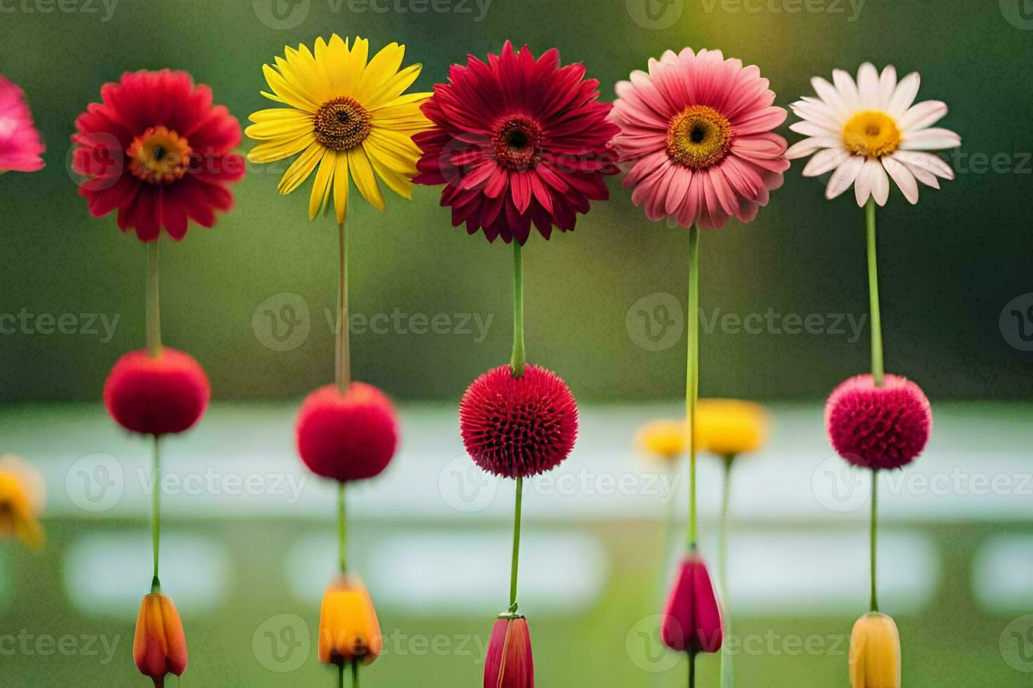 uma linha do colorida flores dentro uma campo. gerado por IA foto