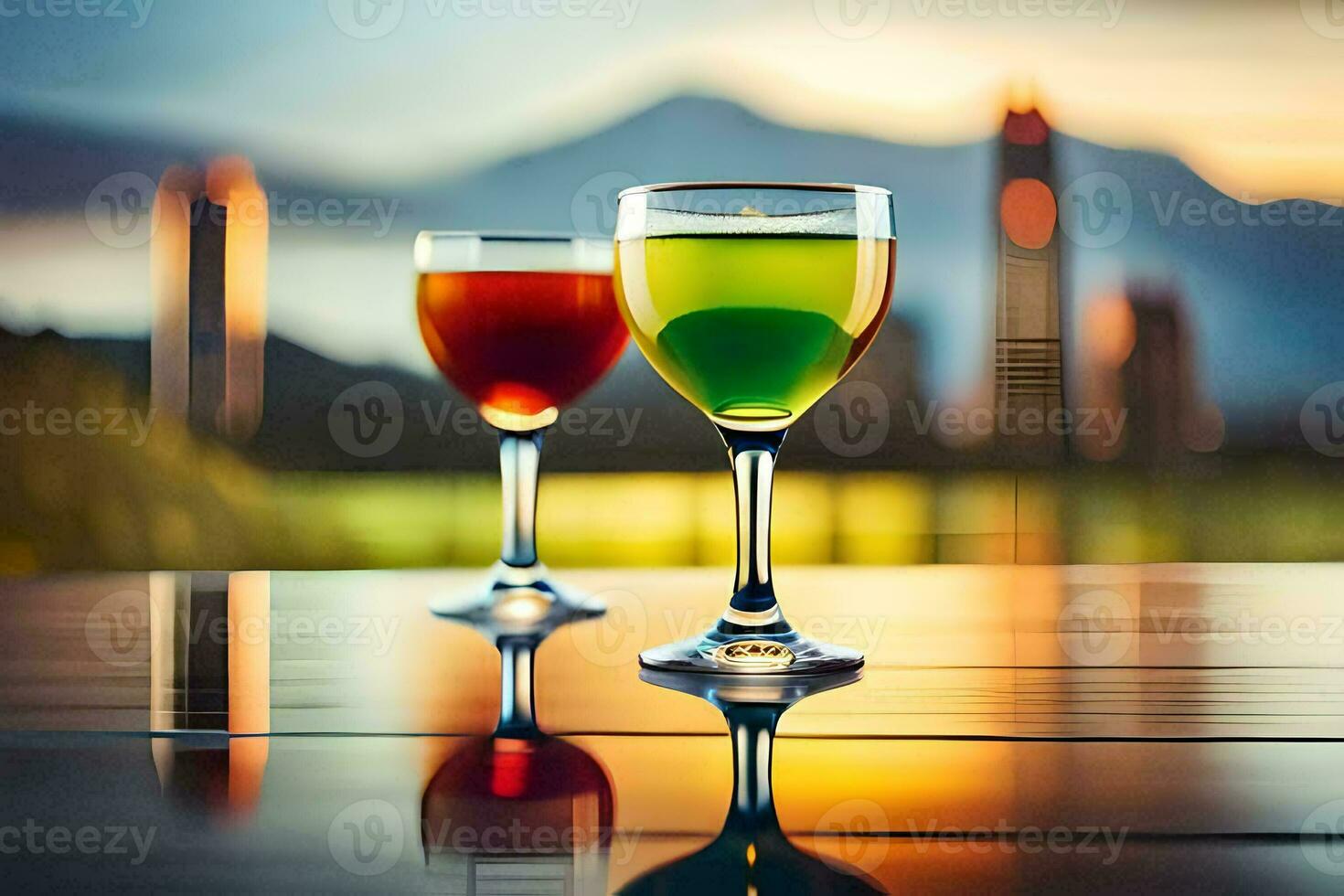 dois óculos do vinho em uma mesa com cidade dentro a fundo. gerado por IA foto