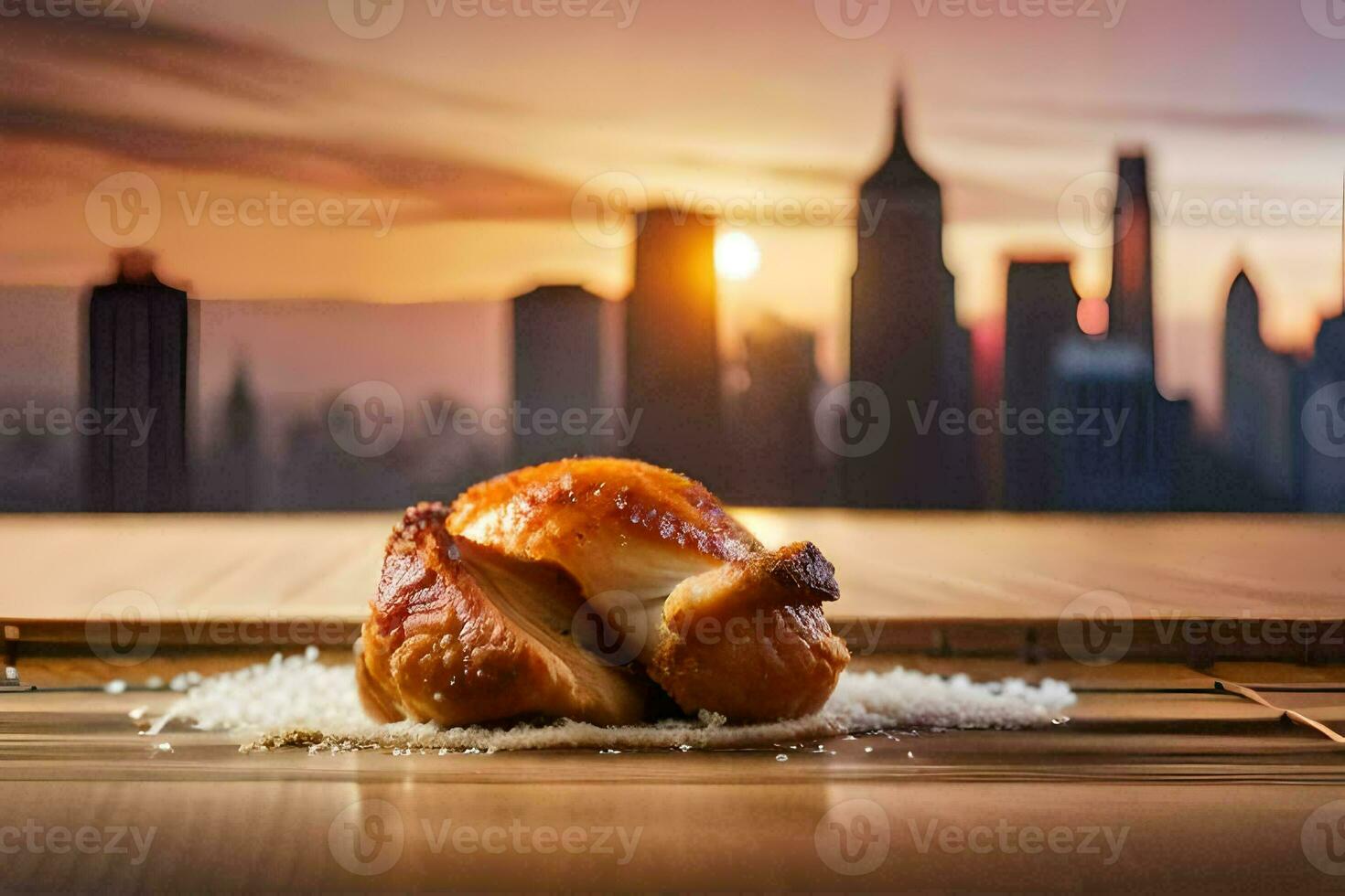 frango em uma mesa dentro frente do a cidade Horizonte. gerado por IA foto