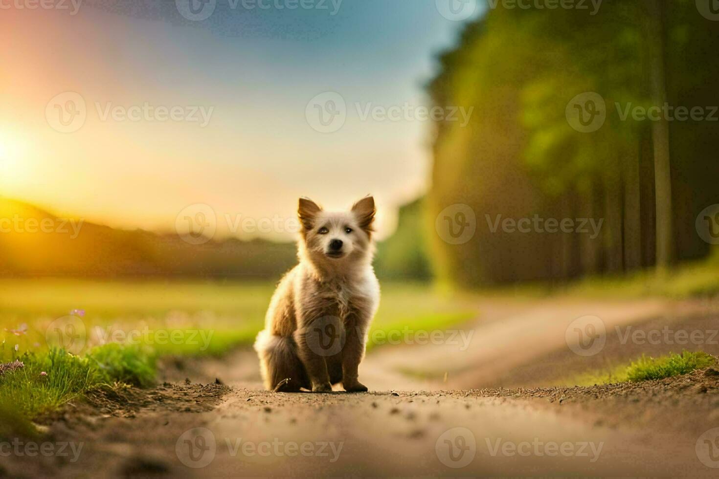 uma cachorro sentado em a estrada às pôr do sol. gerado por IA foto