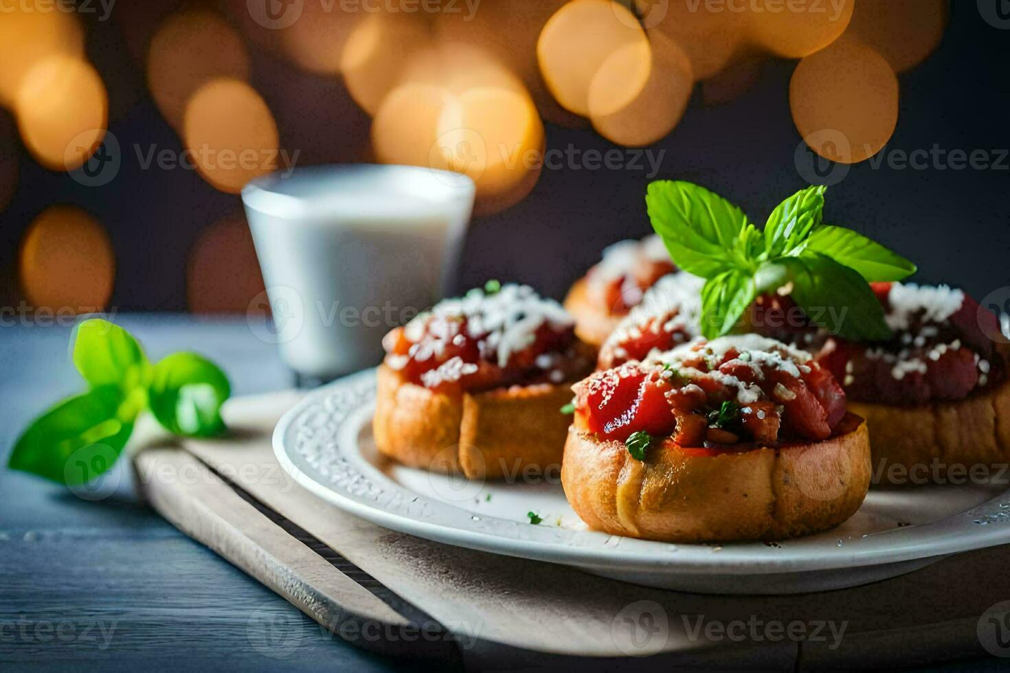 pequeno pão com tomate molho e manjericão em uma placa. gerado por IA foto