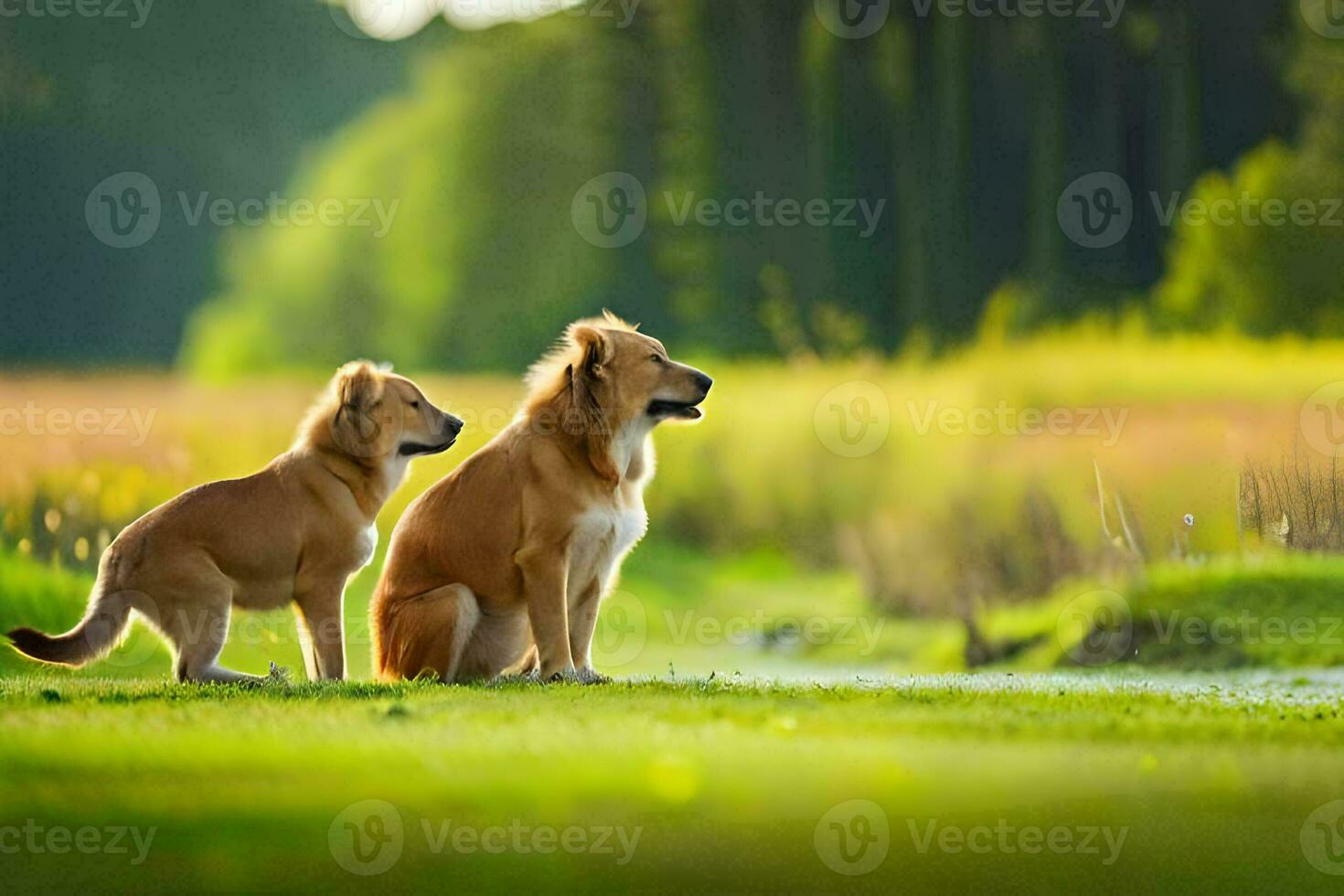 dois cachorros sentado em a Relva dentro frente do uma floresta. gerado por IA foto