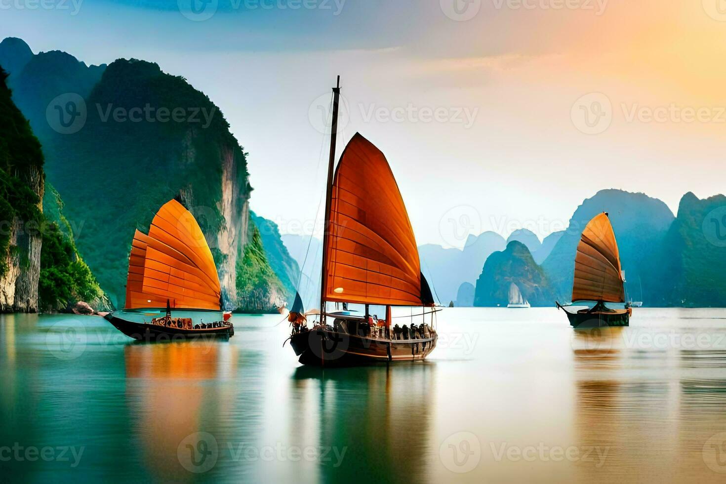 três barcos com laranja velas dentro a água. gerado por IA foto