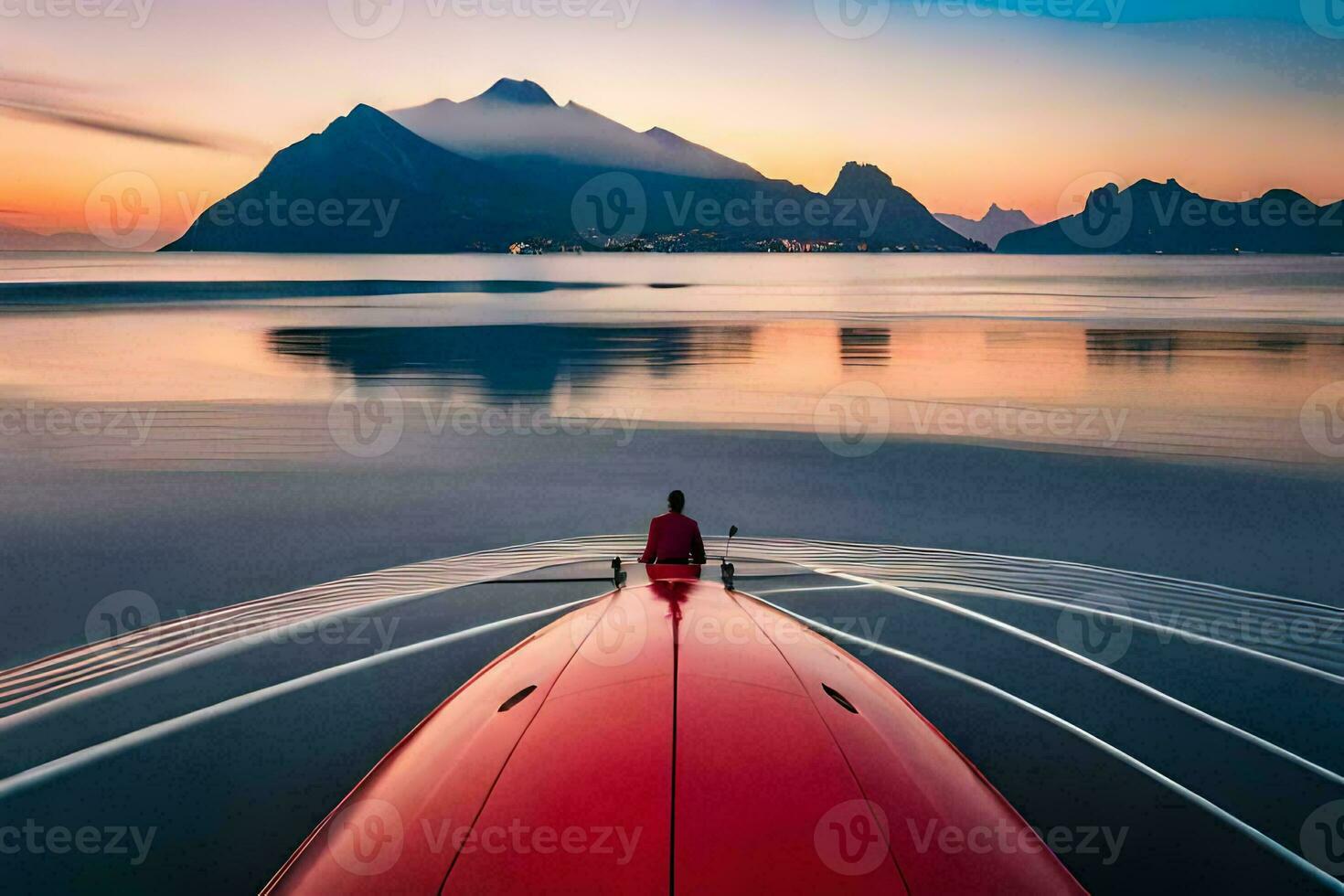 uma homem é sentado em a costas do uma vermelho barco. gerado por IA foto