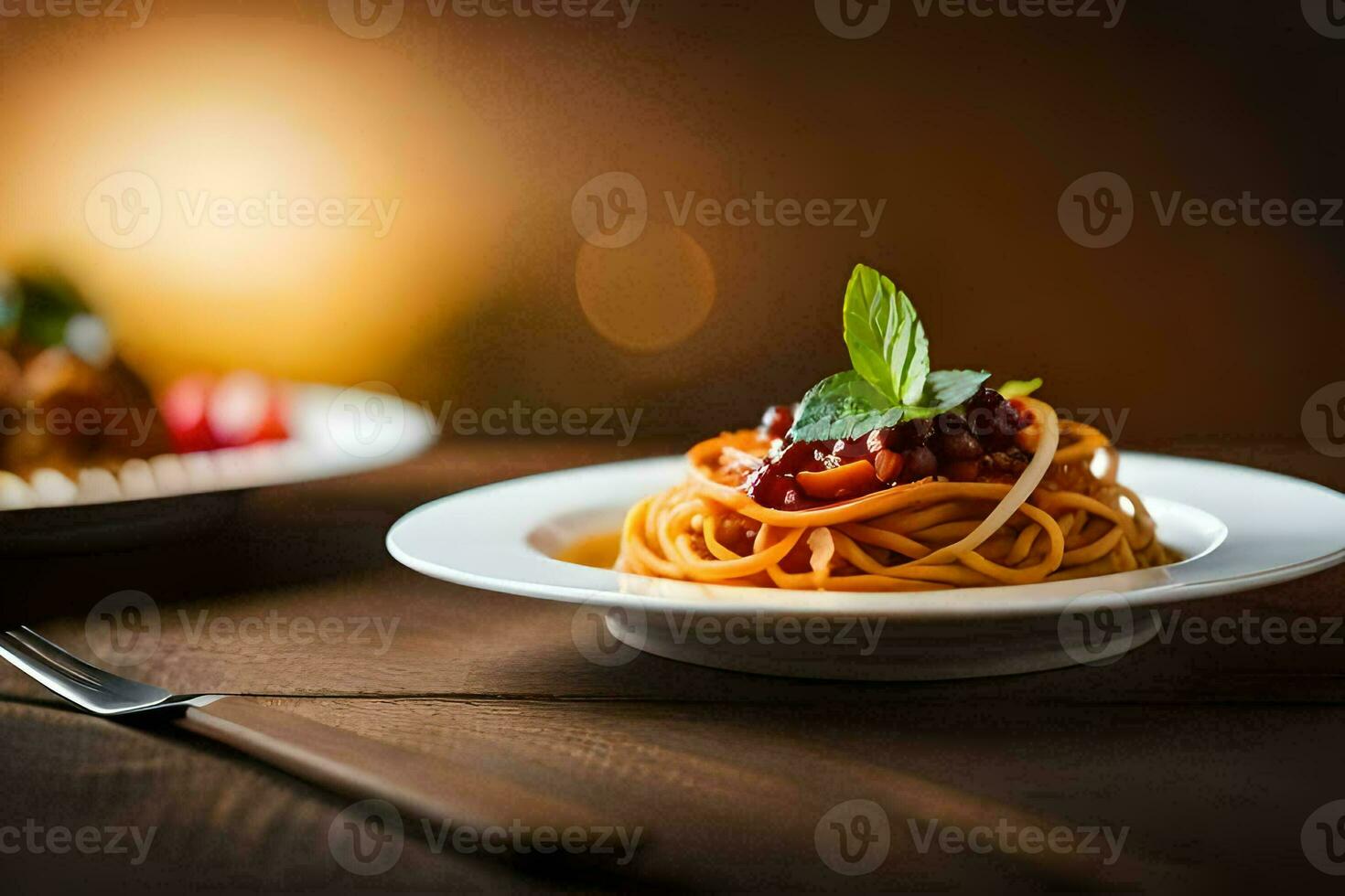 espaguete com tomate molho e manjericão folhas em uma placa. gerado por IA foto