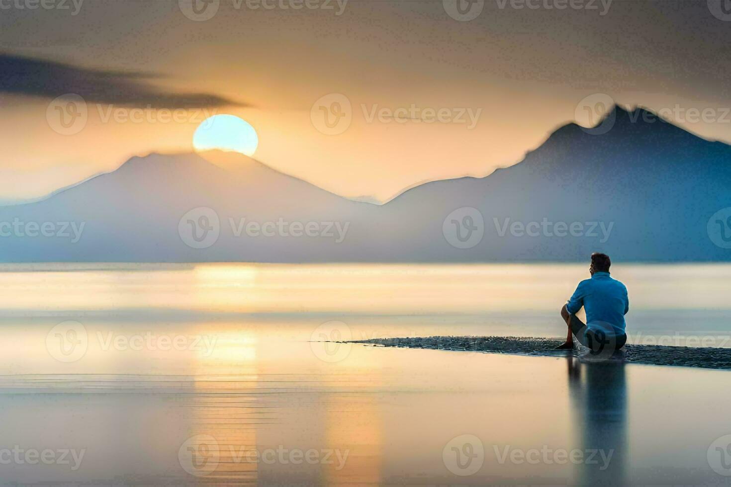 uma homem sentado em a costa do uma lago às pôr do sol. gerado por IA foto