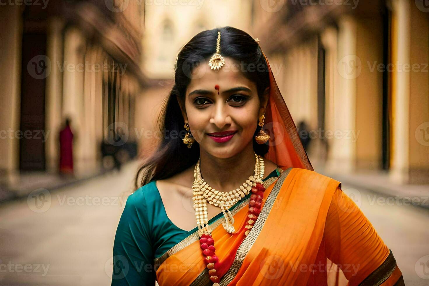 uma lindo indiano mulher dentro a laranja sári. gerado por IA foto