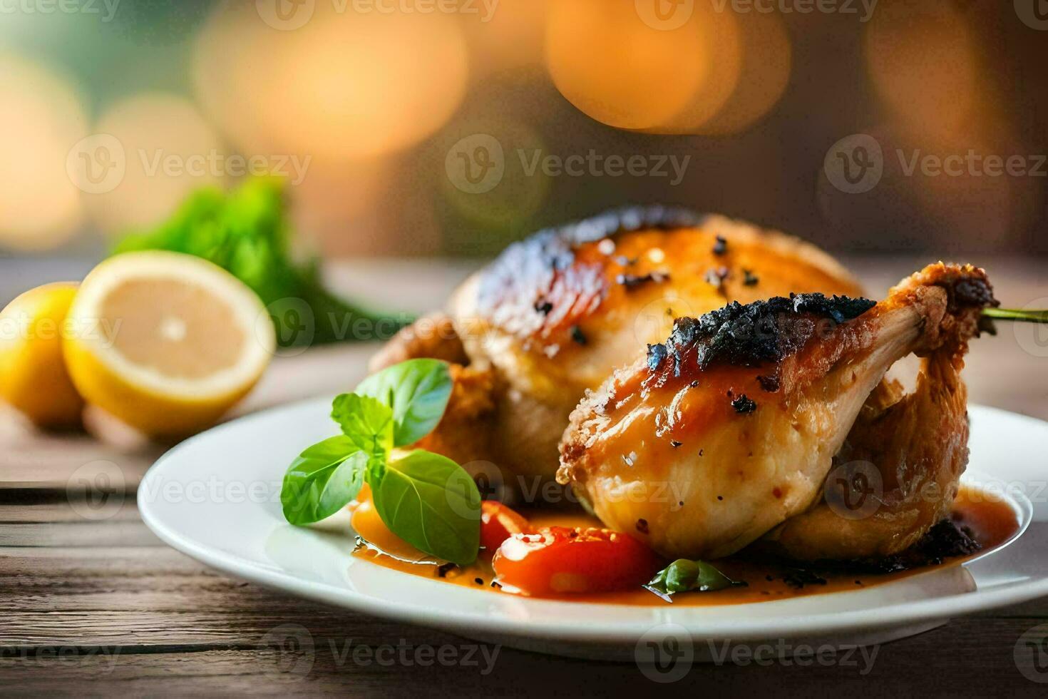 uma prato do assado frango com legumes e limão. gerado por IA foto