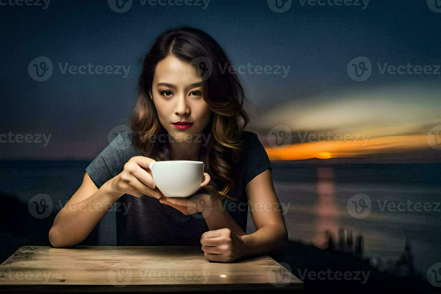 uma mulher segurando uma copo do café dentro frente do a pôr do sol. gerado por IA foto