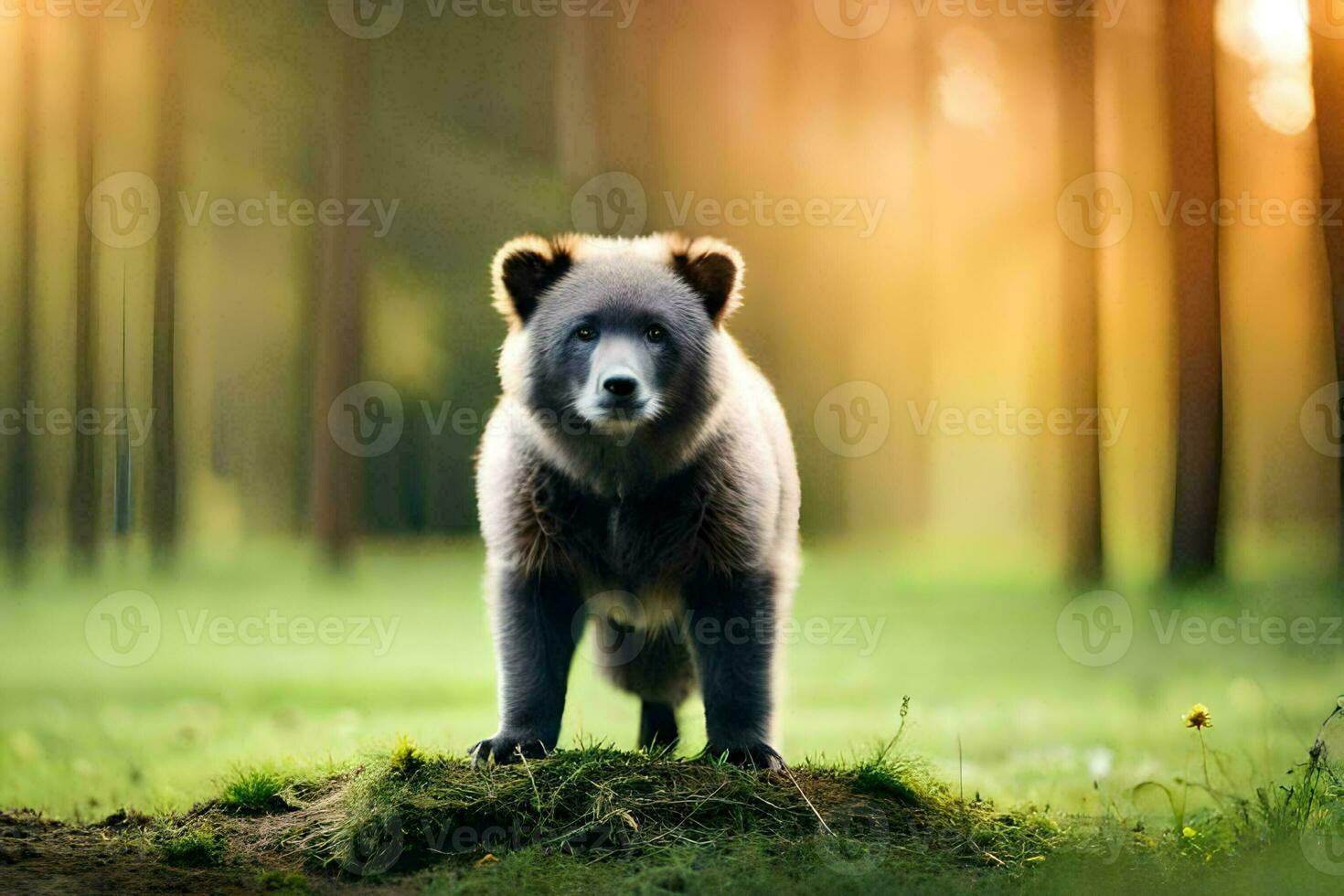 uma Urso é em pé dentro a meio do uma floresta. gerado por IA foto