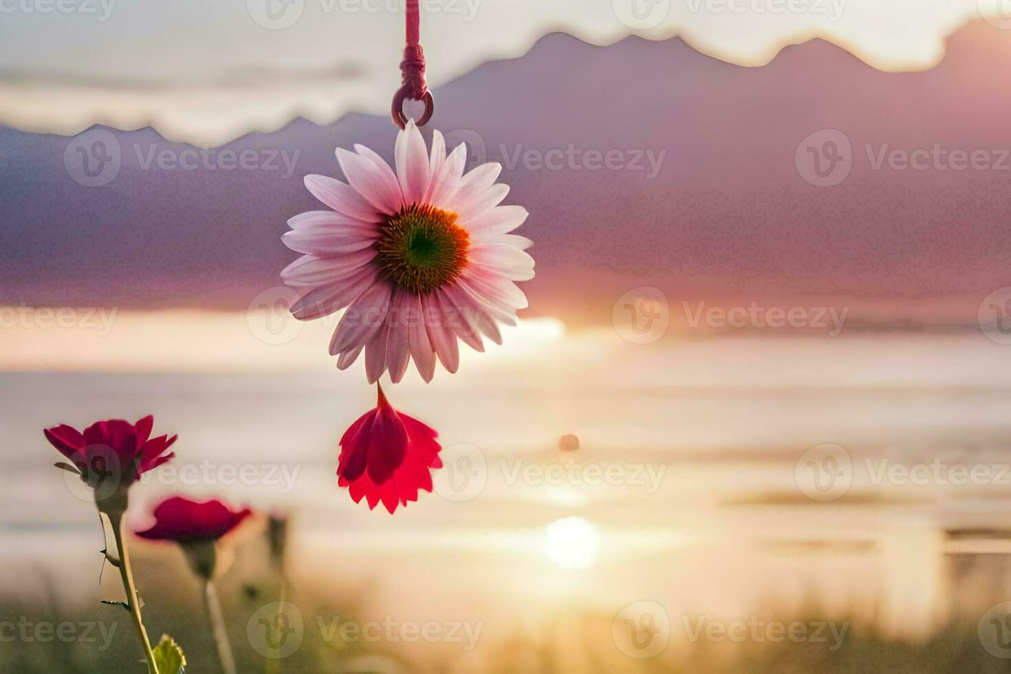 foto papel de parede a céu, flores, a mar, a pôr do sol, a praia, a pôr do sol,. gerado por IA