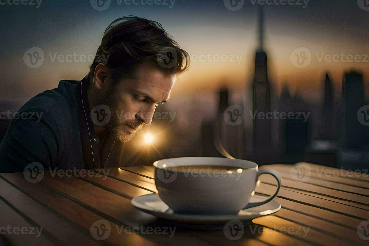 uma homem é olhando às uma copo do café. gerado por IA foto