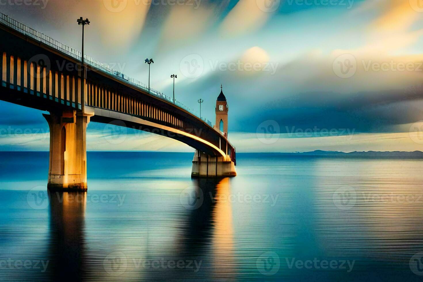 uma ponte abrangendo sobre a oceano às pôr do sol. gerado por IA foto